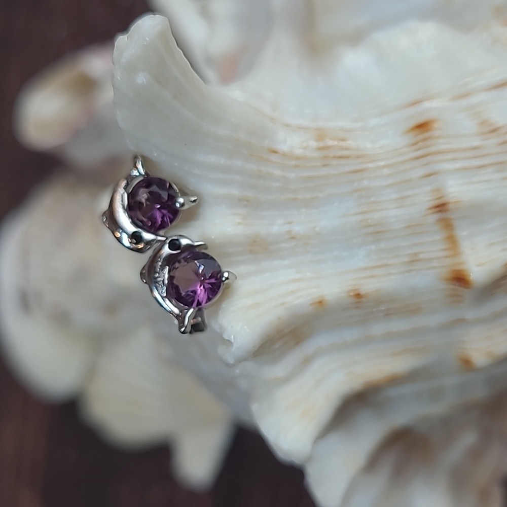 SILVER PURPLE ZIRCON  DOLPHIN PIERCED EARRINGS